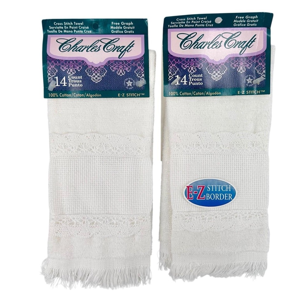 Vintage Charles Craft Cross Stitch Hand Towels White Lace 14 Count Pair